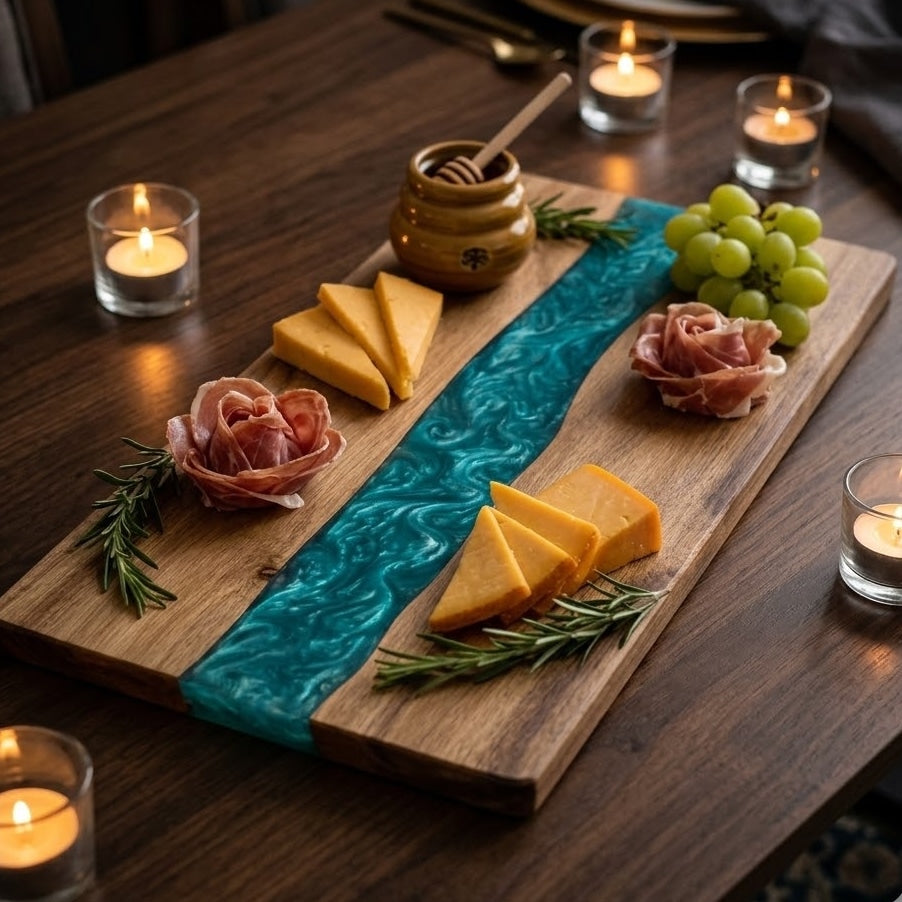 Handmade Walnut Resin River Serving Board – Epoxy Charcuterie Board for Kitchen & Entertaining