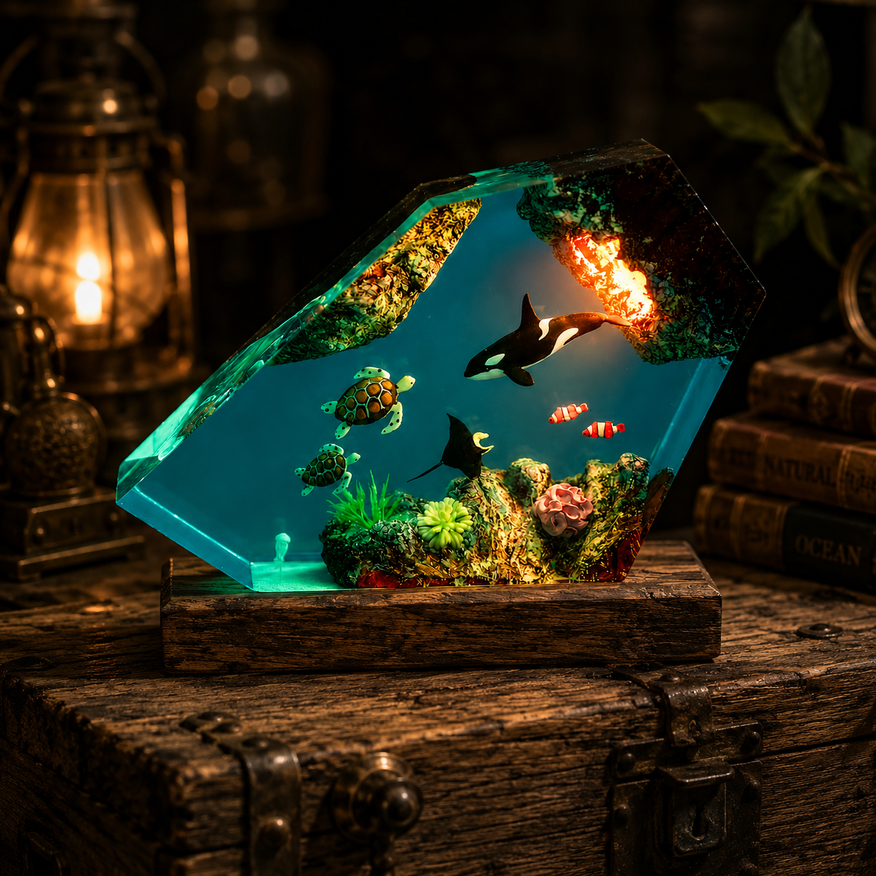 Orca Ocean Cave Resin Lamp – Handmade Coastal Night Light & Ocean Decor