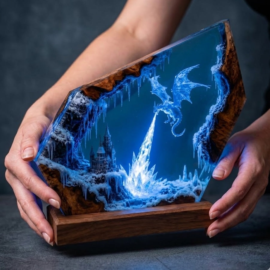 Ice Dragon Kingdom Resin Lamp – Handmade Fantasy Night Light & Gaming Room Decor