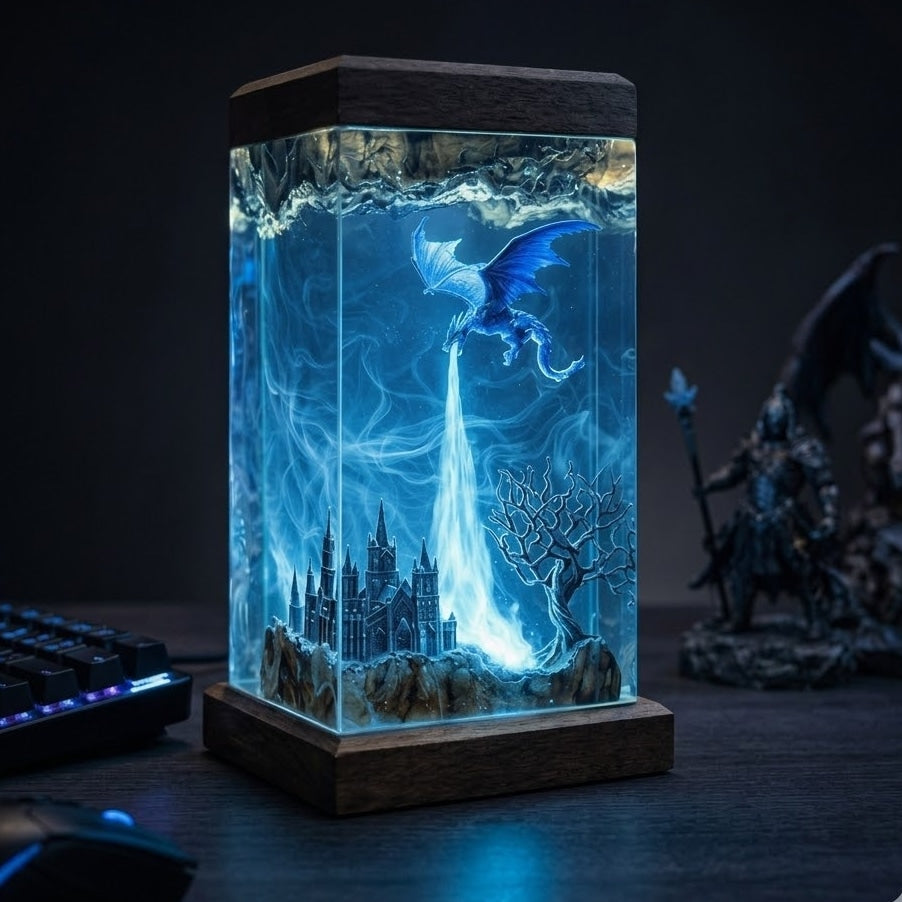 Ice Dragon Resin Lamp – Handmade Fantasy Night Light & Gaming Room Decor