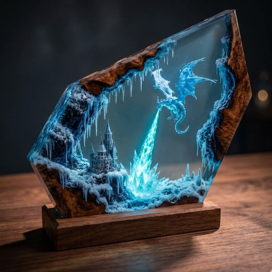 Ice Dragon Kingdom Resin Lamp – Handmade Fantasy Night Light & Gaming Room Decor