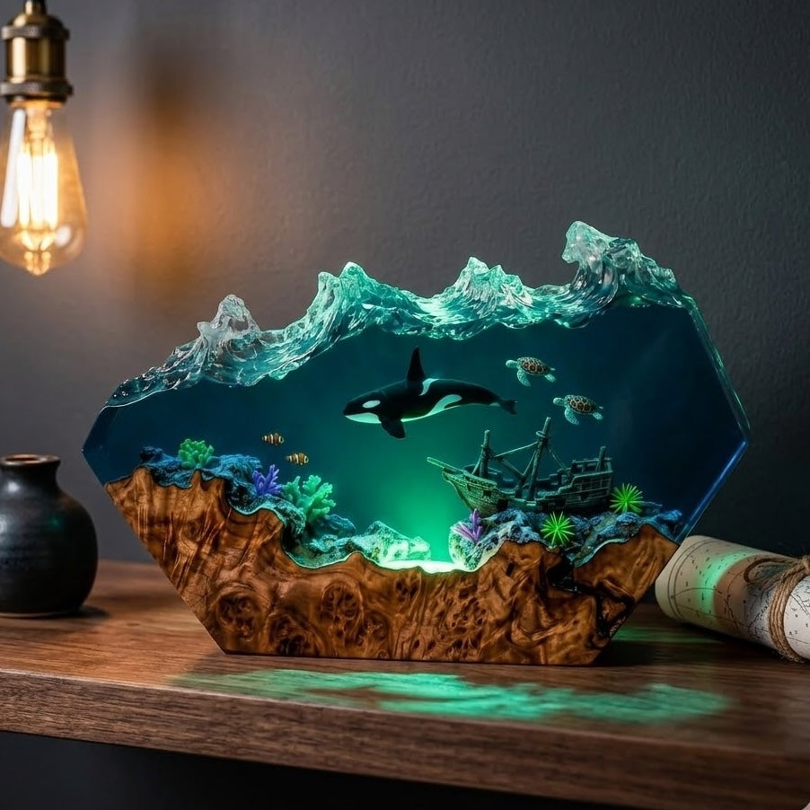 Orca Resin Lamp – Handmade Ocean Night Light, Coastal Decor & Shipwreck Art