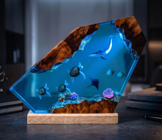 Whale Resin Lamp, Handmade Ocean Night Light, Sea Turtle Diorama, Marine Life Decor