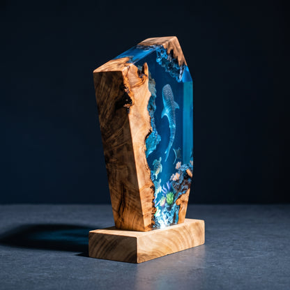 Ocean Resin Lamp with Whale Shark, Handmade Epoxy Night Light & Nautical Decor