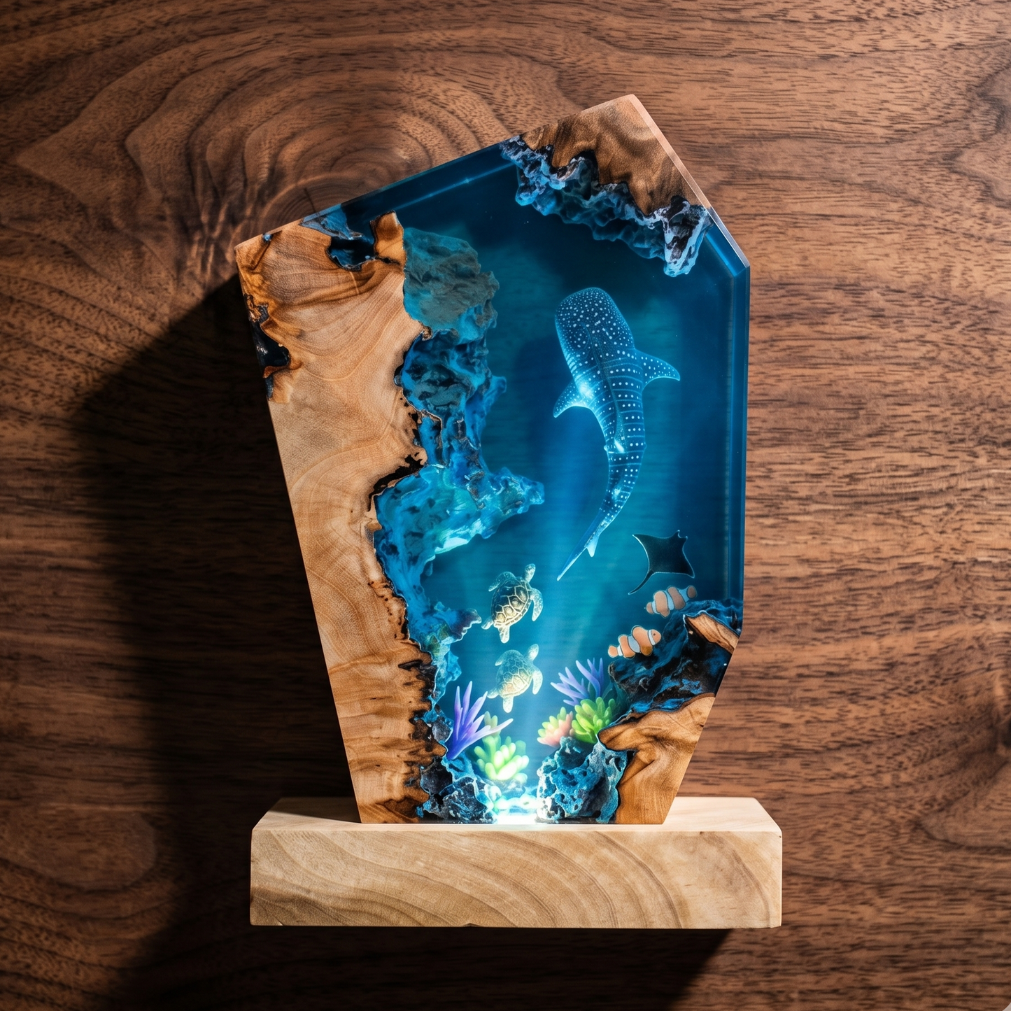 Ocean Resin Lamp with Whale Shark, Handmade Epoxy Night Light & Nautical Decor