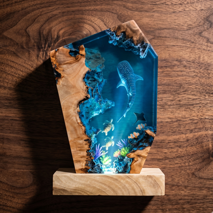 Ocean Resin Lamp with Whale Shark, Handmade Epoxy Night Light & Nautical Decor