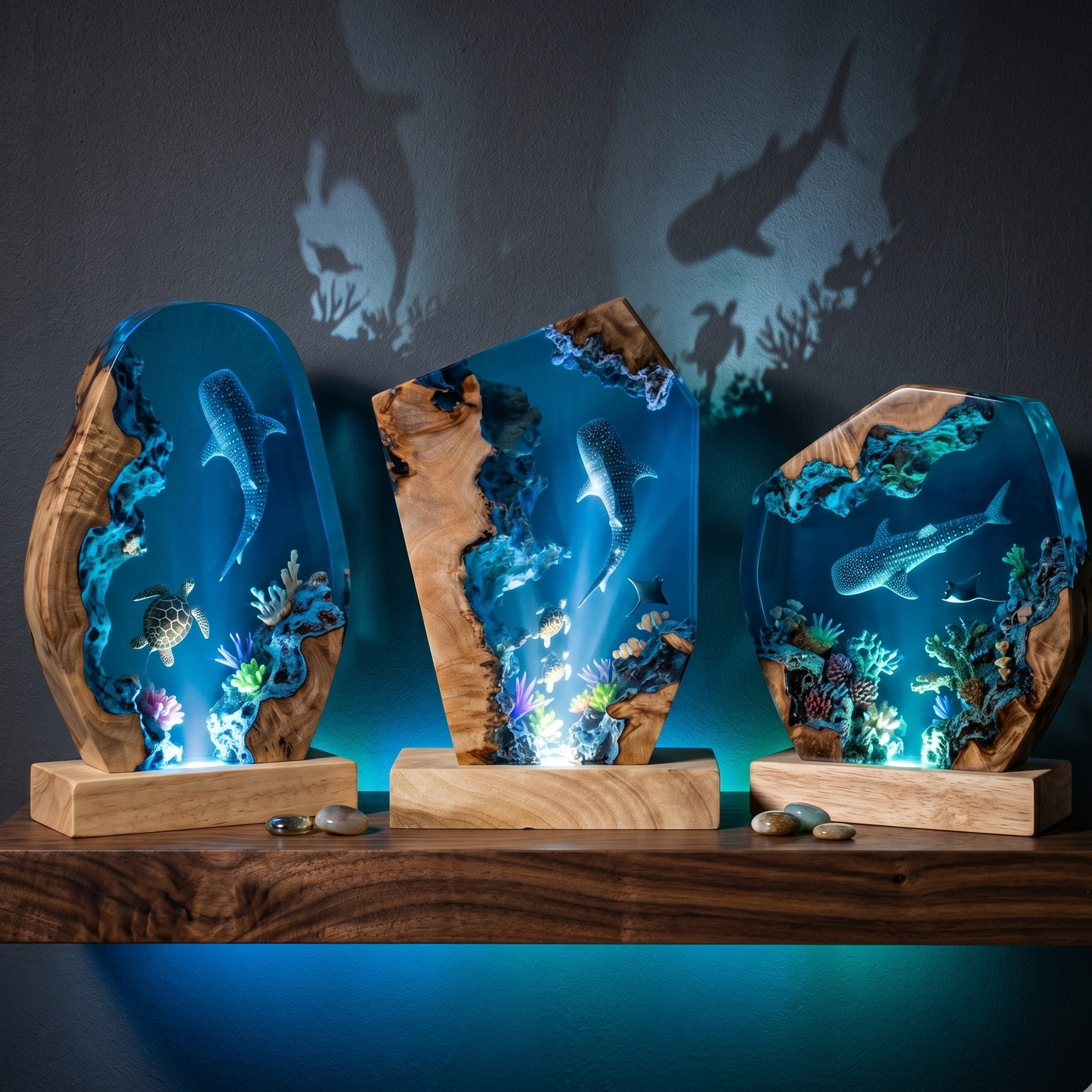 Ocean Resin Lamp with Whale Shark, Handmade Epoxy Night Light & Nautical Decor