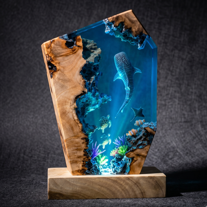 Ocean Resin Lamp with Whale Shark, Handmade Epoxy Night Light & Nautical Decor