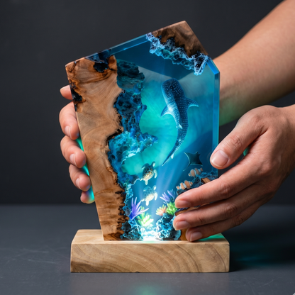Ocean Resin Lamp with Whale Shark, Handmade Epoxy Night Light & Nautical Decor