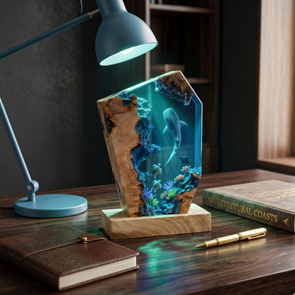 Ocean Resin Lamp with Whale Shark, Handmade Epoxy Night Light & Nautical Decor