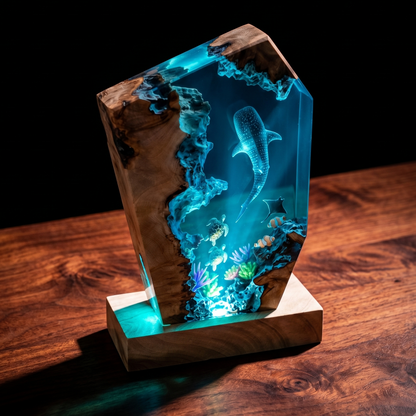 Ocean Resin Lamp with Whale Shark, Handmade Epoxy Night Light & Nautical Decor