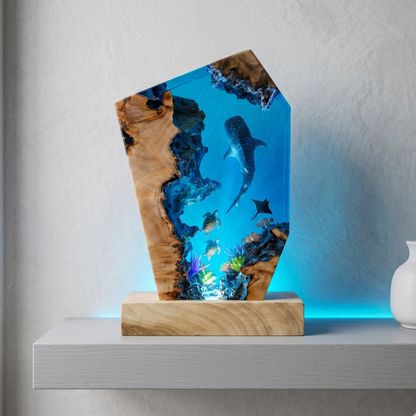 Ocean Resin Lamp with Whale Shark, Handmade Epoxy Night Light & Nautical Decor