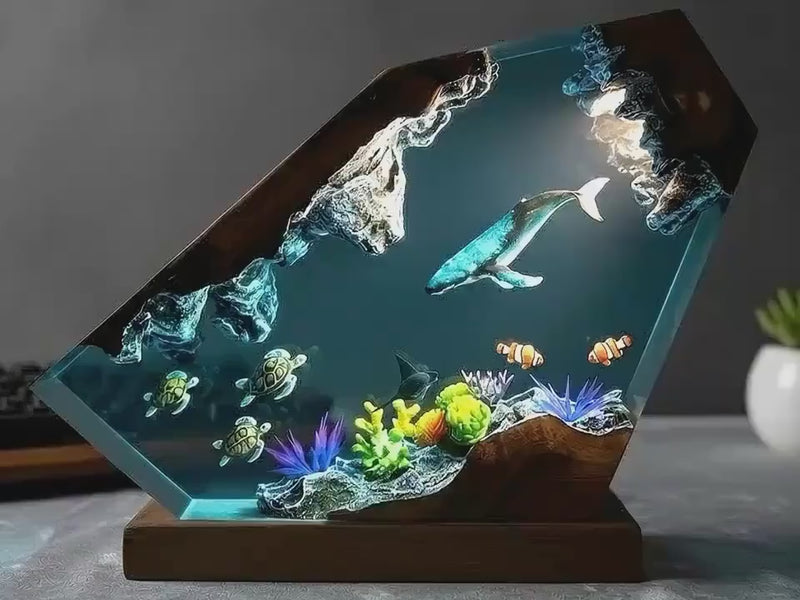 Custom Ocean Resin Lamp with Whale Turtle Couple Divers LED Night Light Marine Decor