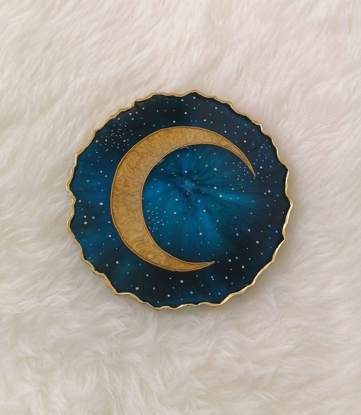 Gold Crescent Moon Resin Coaster, Celestial Galaxy Inspired Design, Handmade Cosmic Home Decor