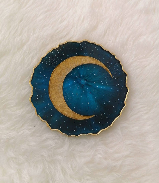 Gold Crescent Moon Resin Coaster, Celestial Galaxy Inspired Design, Handmade Cosmic Home Decor