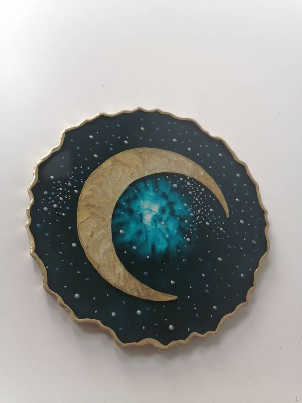 Gold Crescent Moon Resin Coaster, Celestial Galaxy Inspired Design, Handmade Cosmic Home Decor