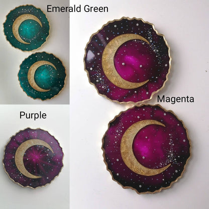 Gold Crescent Moon Resin Coaster, Celestial Galaxy Inspired Design, Handmade Cosmic Home Decor