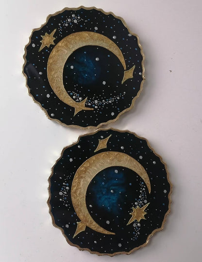 Gold Crescent Moon Resin Coaster, Celestial Galaxy Inspired Design, Handmade Cosmic Home Decor