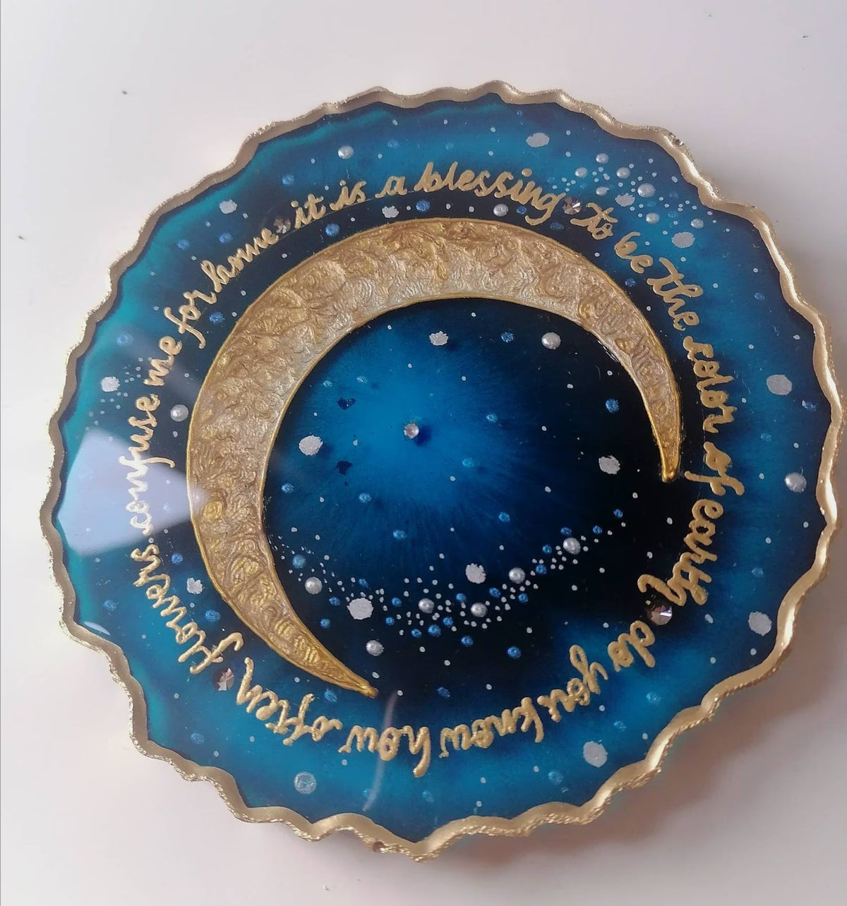 Gold Crescent Moon Resin Coaster, Celestial Galaxy Inspired Design, Handmade Cosmic Home Decor
