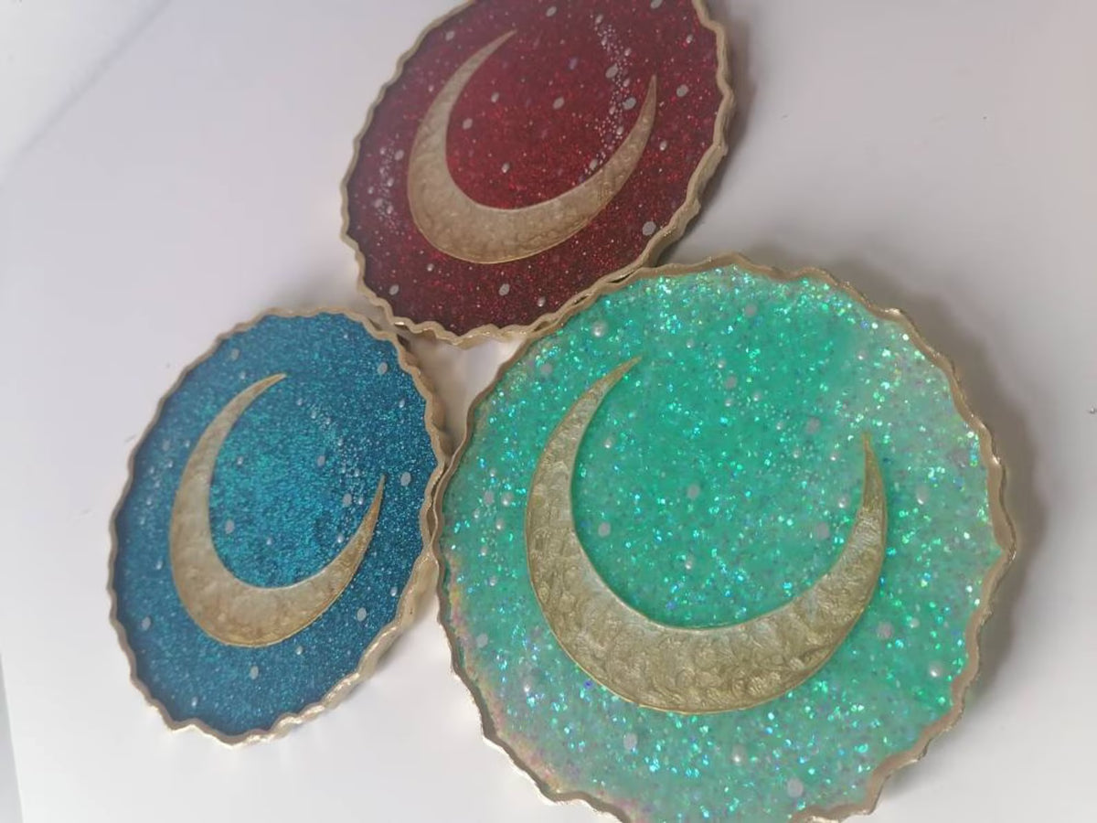 Gold Crescent Moon Resin Coaster, Celestial Galaxy Inspired Design, Handmade Cosmic Home Decor