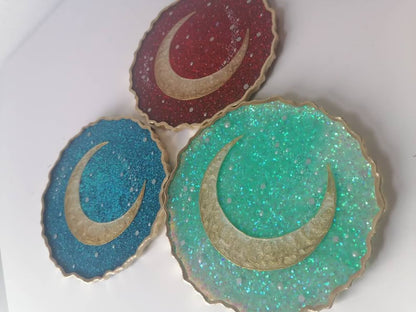 Gold Crescent Moon Resin Coaster, Celestial Galaxy Inspired Design, Handmade Cosmic Home Decor