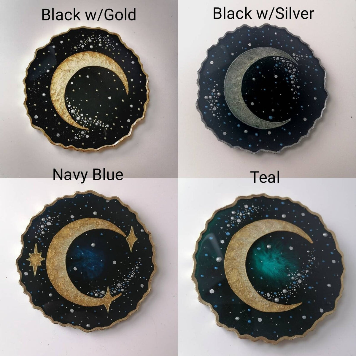 Gold Crescent Moon Resin Coaster, Celestial Galaxy Inspired Design, Handmade Cosmic Home Decor