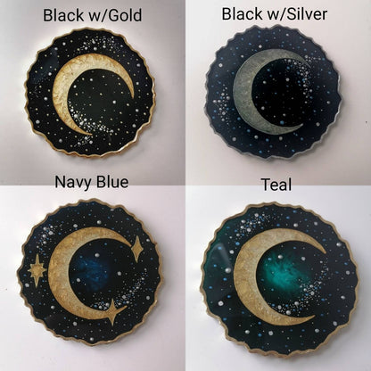 Gold Crescent Moon Resin Coaster, Celestial Galaxy Inspired Design, Handmade Cosmic Home Decor