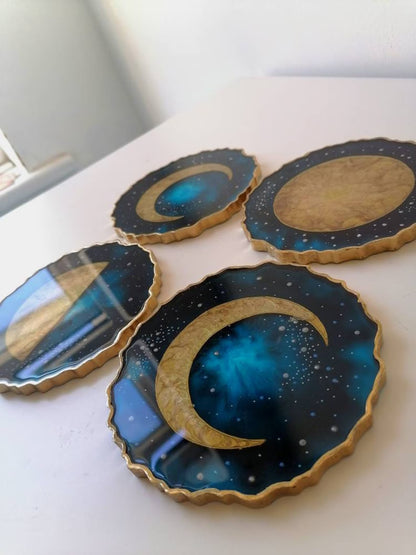 Gold Crescent Moon Resin Coaster, Celestial Galaxy Inspired Design, Handmade Cosmic Home Decor