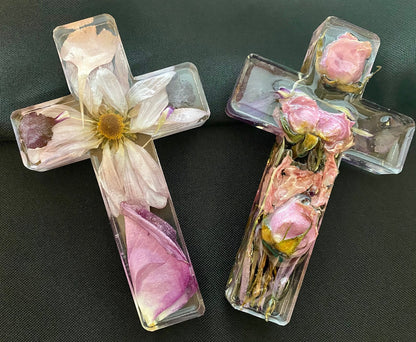Handmade Resin Flower Cross Keepsake, Memorial Cross, Wedding Keepsake, Preserved Flowers, Christian Home Decor