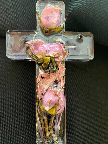 Handmade Resin Flower Cross Keepsake, Memorial Cross, Wedding Keepsake, Preserved Flowers, Christian Home Decor