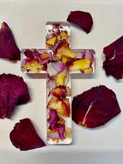 Handmade Resin Flower Cross Keepsake, Memorial Cross, Wedding Keepsake, Preserved Flowers, Christian Home Decor