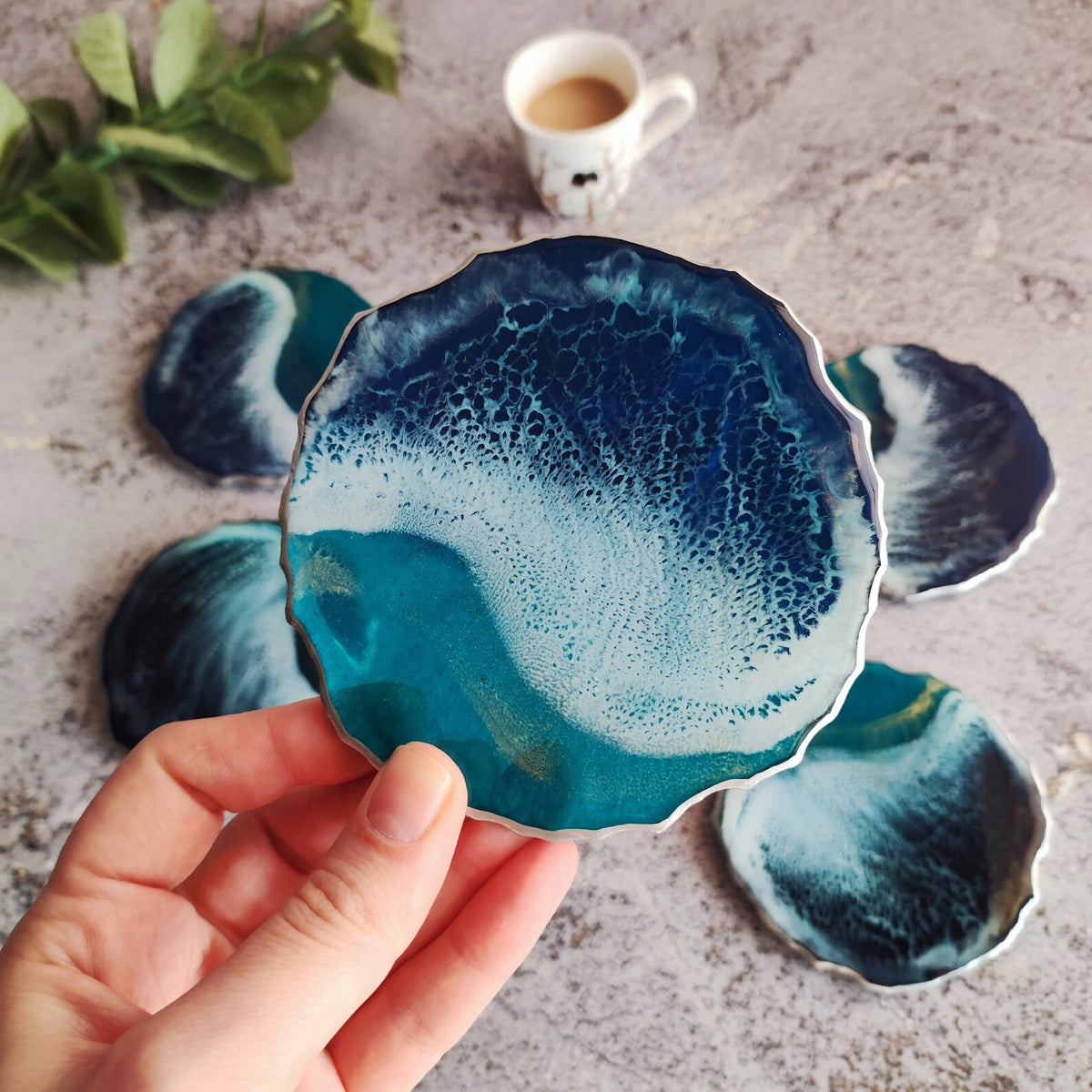 Ocean Resin Coasters, Handmade Coastal Drink Coasters, Beach House Decor, Blue Wave Table Accessories Set