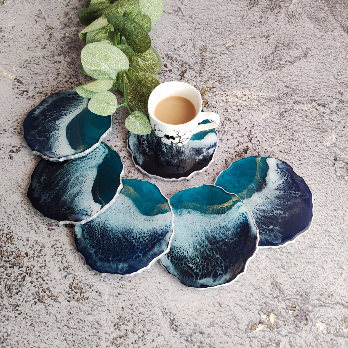 Ocean Resin Coasters, Handmade Coastal Drink Coasters, Beach House Decor, Blue Wave Table Accessories Set