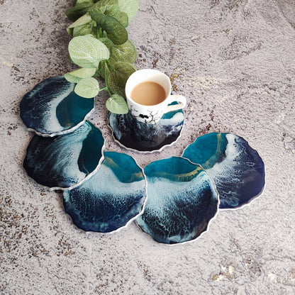 Ocean Resin Coasters, Handmade Coastal Drink Coasters, Beach House Decor, Blue Wave Table Accessories Set
