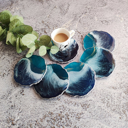 Ocean Resin Coasters, Handmade Coastal Drink Coasters, Beach House Decor, Blue Wave Table Accessories Set