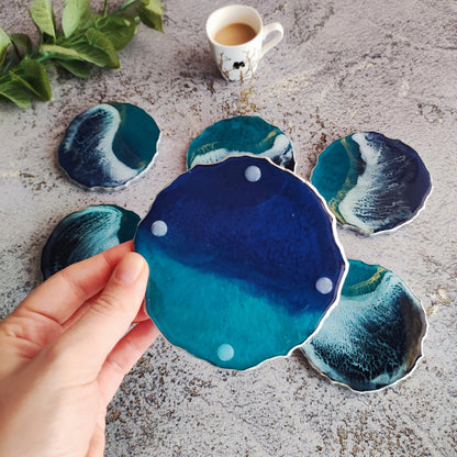 Ocean Resin Coasters, Handmade Coastal Drink Coasters, Beach House Decor, Blue Wave Table Accessories Set