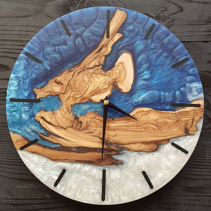 Custom Resin Olive Wood Wall Clock, Handmade Epoxy Clock for Rustic Home Decor Design