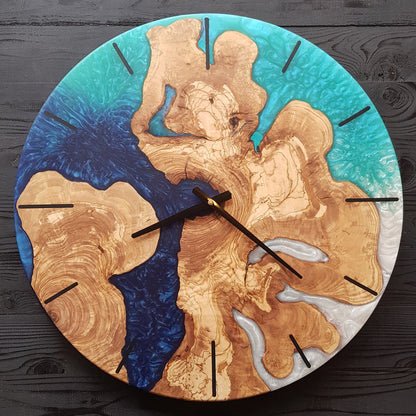Custom Resin Olive Wood Wall Clock, Handmade Epoxy Clock for Rustic Home Decor Design