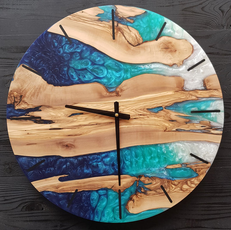 Custom Resin Olive Wood Wall Clock, Handmade Epoxy Clock for Rustic Home Decor Design