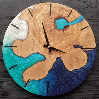 Custom Resin Olive Wood Wall Clock, Handmade Epoxy Clock for Rustic Home Decor Design