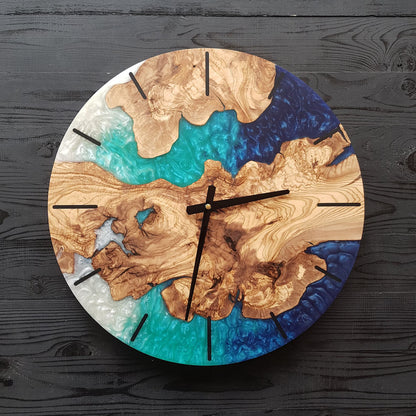 Custom Resin Olive Wood Wall Clock, Handmade Epoxy Clock for Rustic Home Decor Design