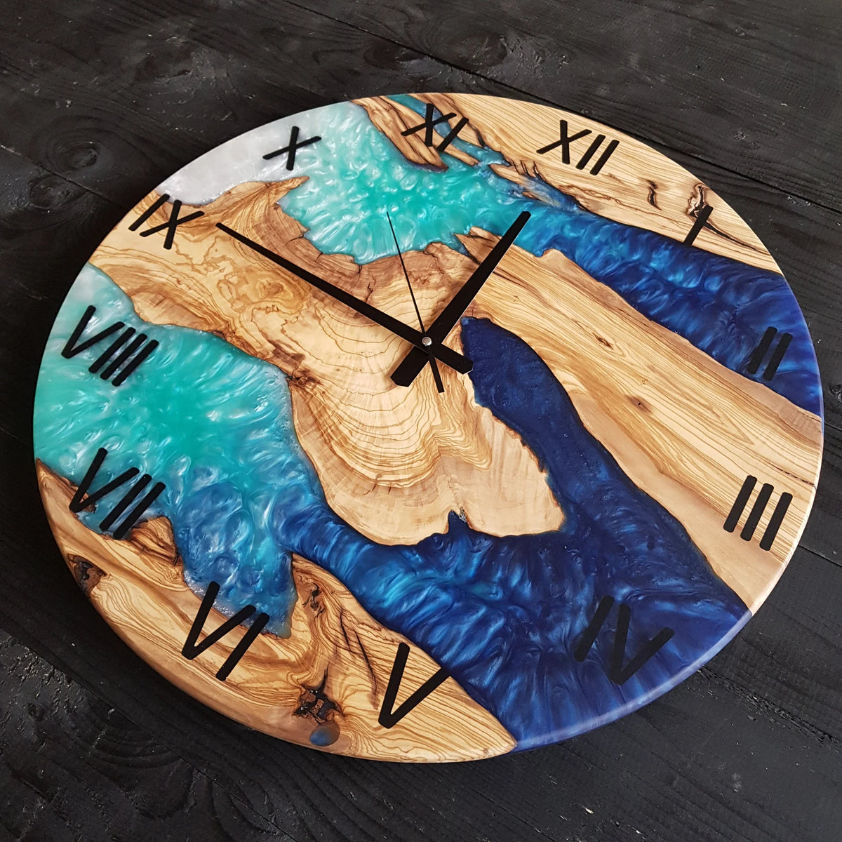 Custom Olive Wood Epoxy Resin Wall Clock, Live Edge Rustic Farmhouse Handmade Home Decor