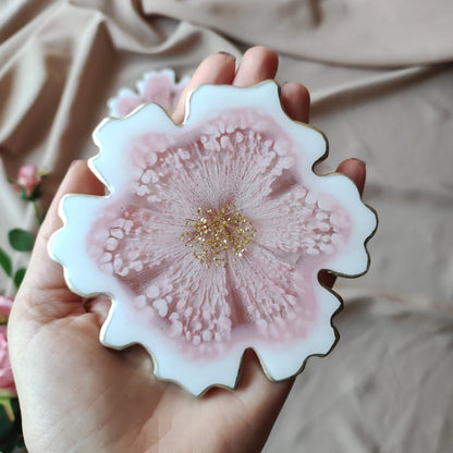Handmade Flower Resin Coasters Set, White and Pink Epoxy Art, Floral Home Decor Accent