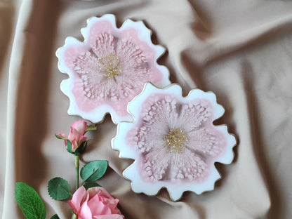 Handmade Flower Resin Coasters Set, White and Pink Epoxy Art, Floral Home Decor Accent