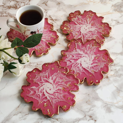 Handmade Flower Resin Coasters Set, White and Pink Epoxy Art, Floral Home Decor Accent