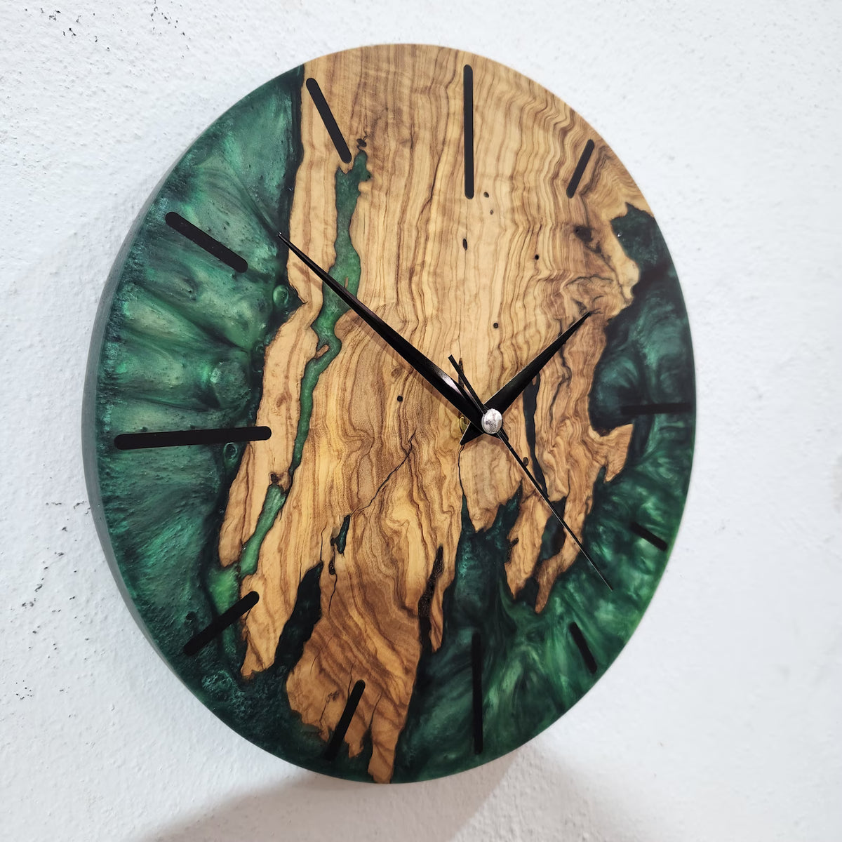 Green Resin Olive Wood Wall Clock, Custom Handmade Epoxy Live Edge Rustic Home Decor