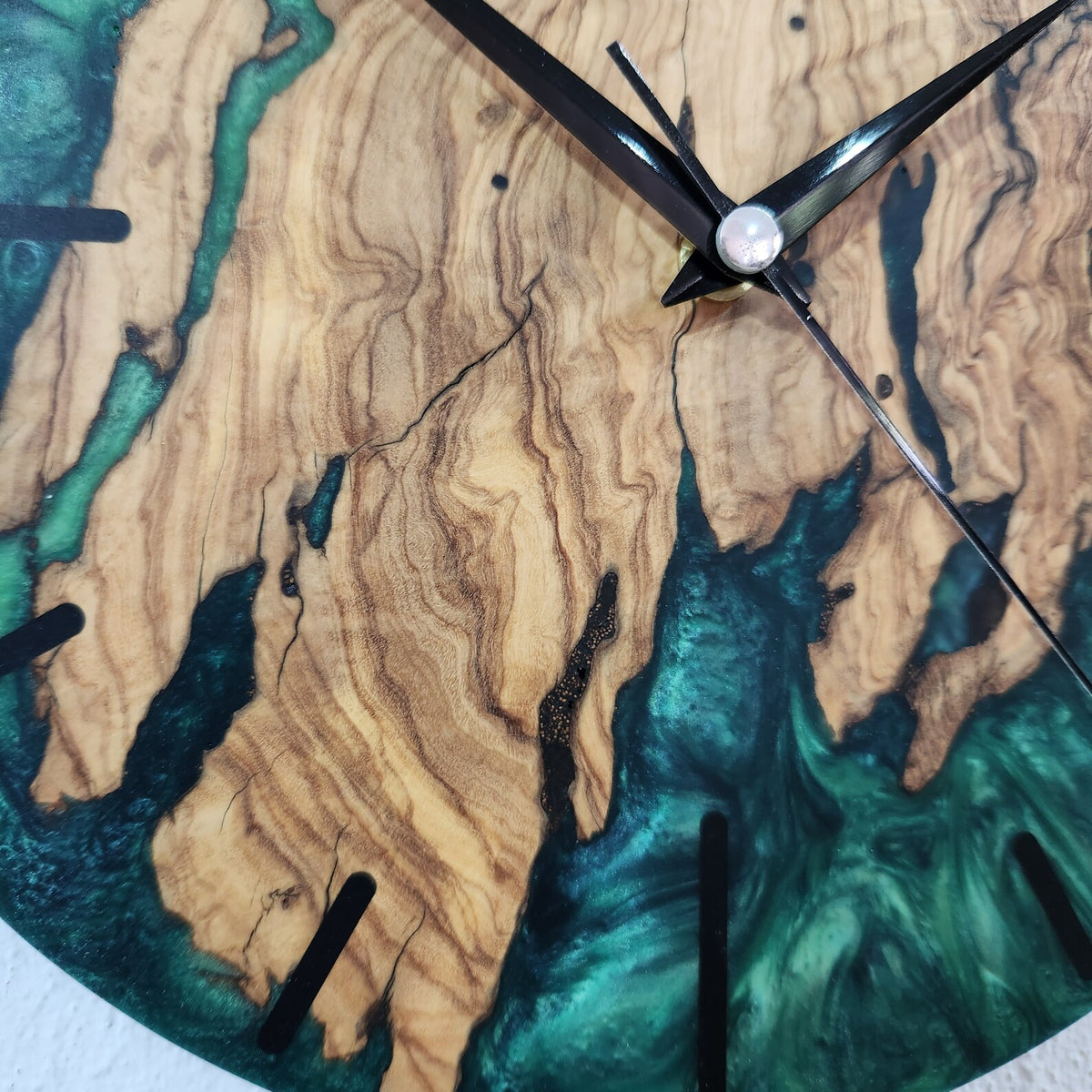 Green Resin Olive Wood Wall Clock, Custom Handmade Epoxy Live Edge Rustic Home Decor