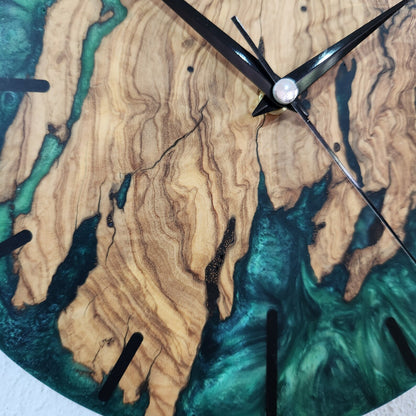 Green Resin Olive Wood Wall Clock, Custom Handmade Epoxy Live Edge Rustic Home Decor