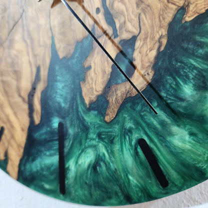 Green Resin Olive Wood Wall Clock, Custom Handmade Epoxy Live Edge Rustic Home Decor