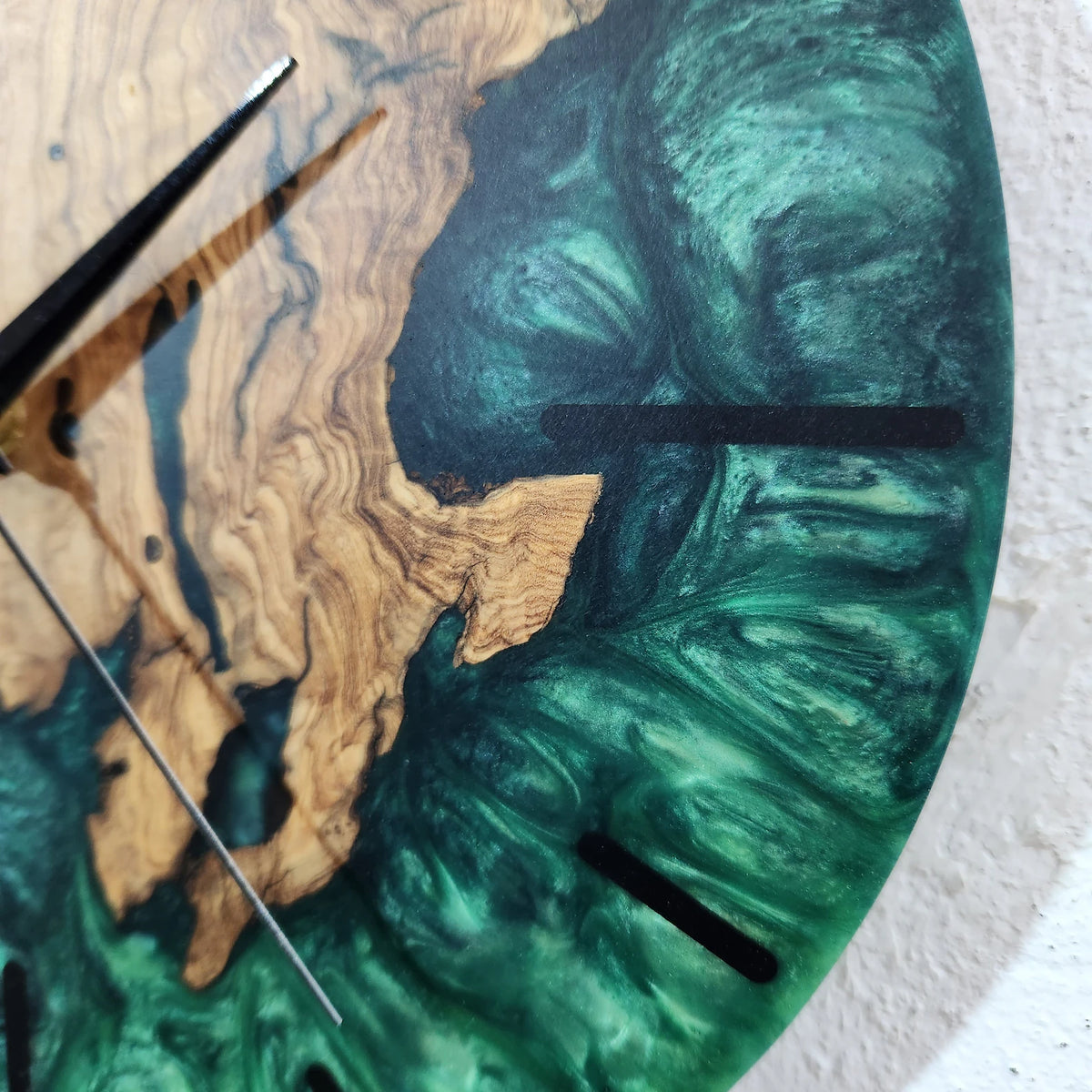 Green Resin Olive Wood Wall Clock, Custom Handmade Epoxy Live Edge Rustic Home Decor